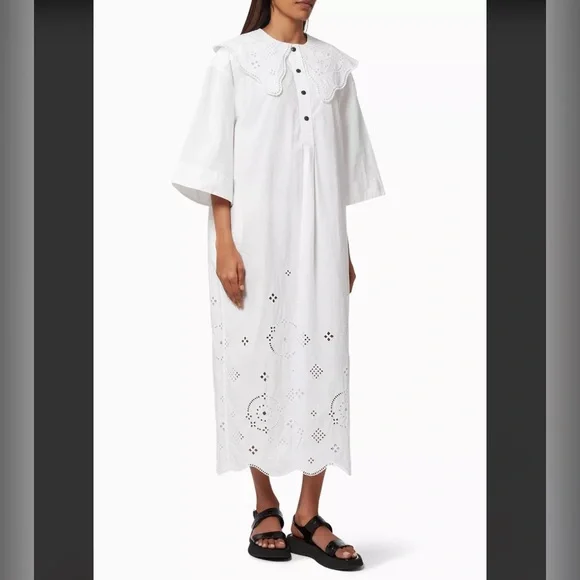 GANNI White Organic Cotton Oversized Broderie Anglaise Dress - Picture 4 of 11